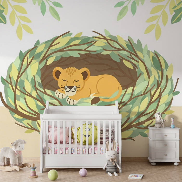 Lastenhuoneen tapetti | Nukkuva leijonanpentu pesässään
