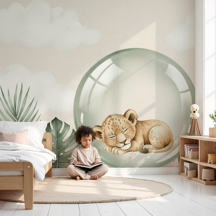 Papel pintado infantil | León dormido en un capullo floral