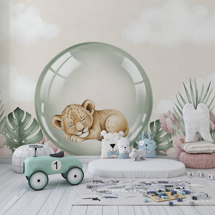 Papel pintado infantil | León dormido en un capullo floral