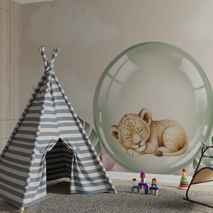 Papel pintado infantil | León dormido en un capullo floral