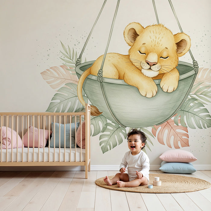 Papel pintado infantil | León cachorro durmiendo en una hamaca