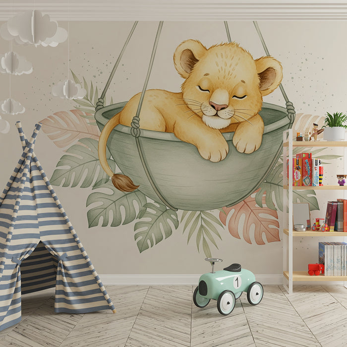 Papel pintado infantil | León cachorro durmiendo en una hamaca