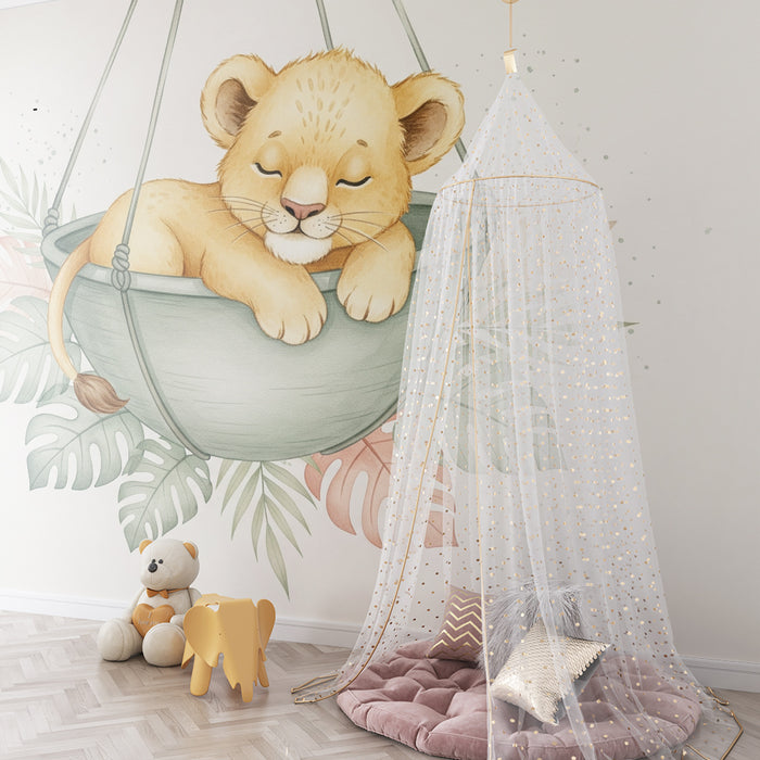 Papel pintado infantil | León cachorro durmiendo en una hamaca