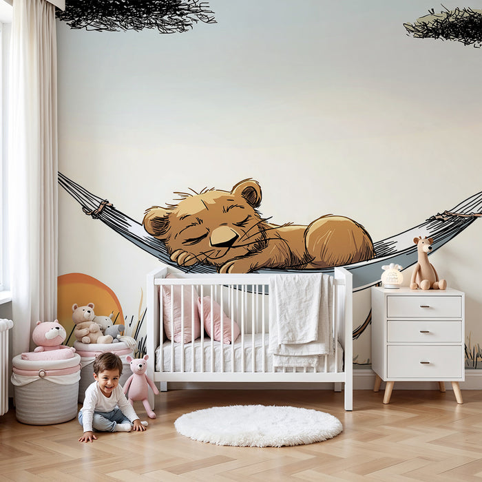 Barntapet | Sovande lejonunge i en hängmatta under solnedgången