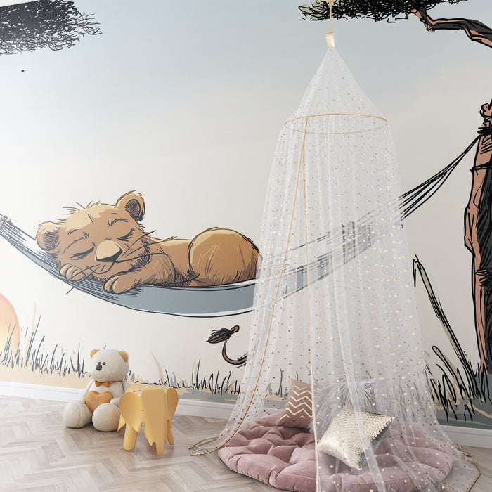 Barntapet | Sovande lejonunge i en hängmatta under solnedgången