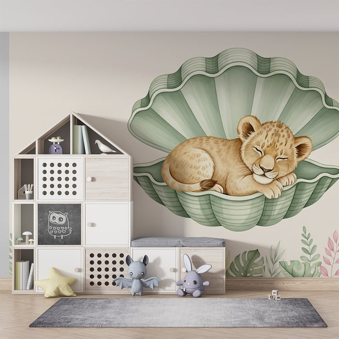 Papier peint chambre bébé | Lionceau endormi dans une coquille