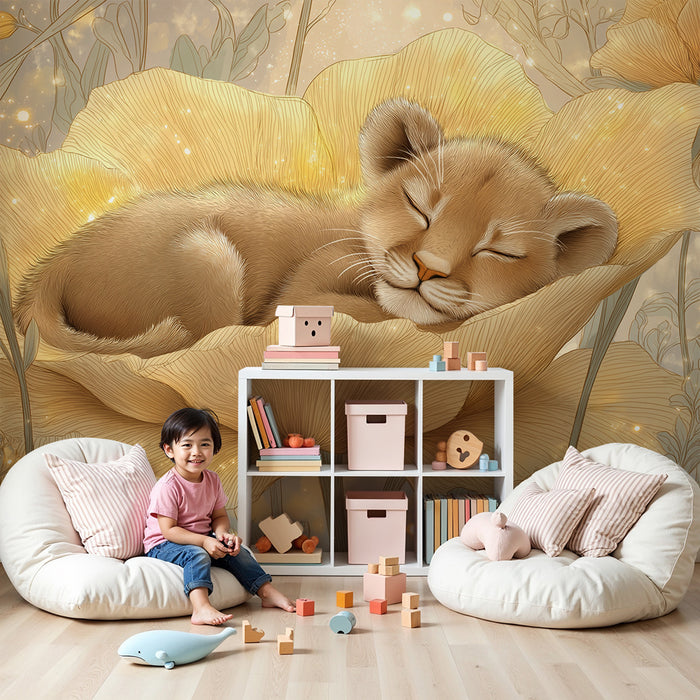 Nursery room wallpaper | Sleeping lion cub in a golden flower