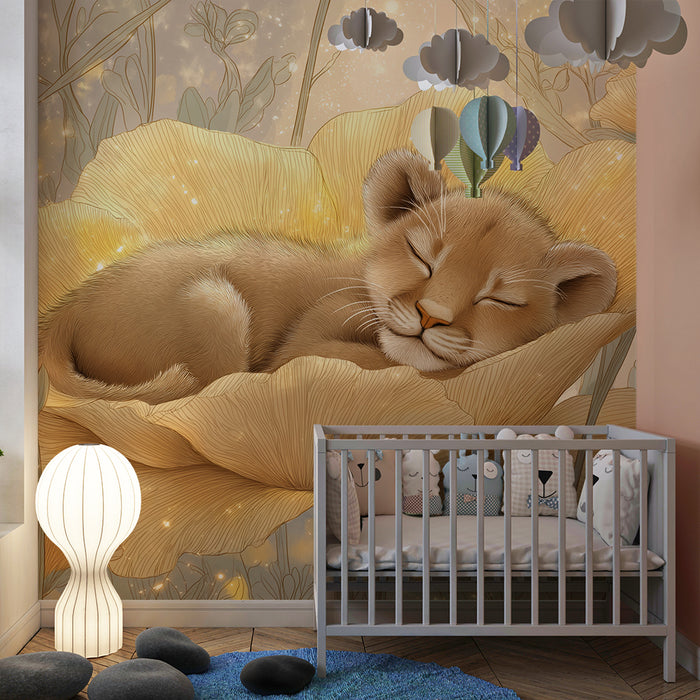 Nursery room wallpaper | Sleeping lion cub in a golden flower