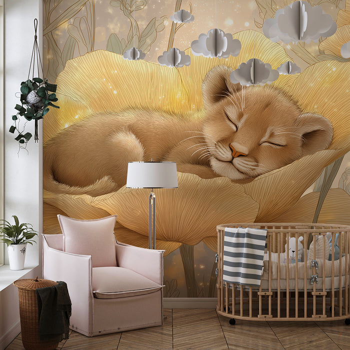 Nursery room wallpaper | Sleeping lion cub in a golden flower