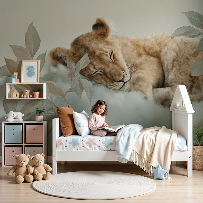 Nursery room wallpaper | Sleeping lion cub surrounded by soft foliage