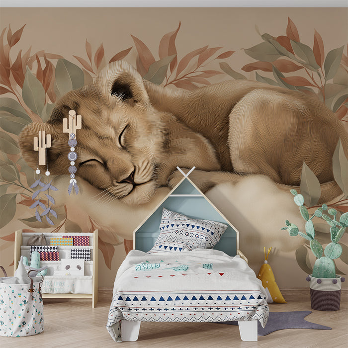 Barntapet | Sovande lejonunge omgiven av mjuka blad