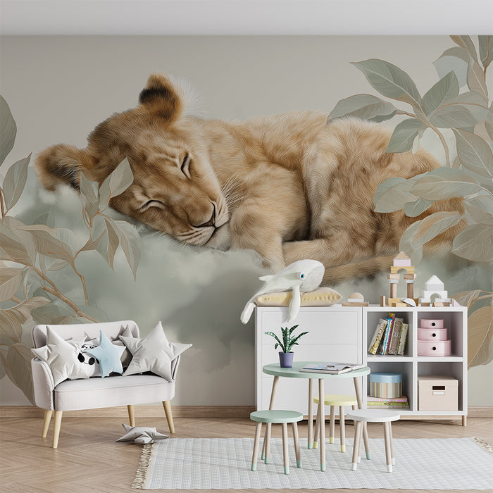 Nursery room wallpaper | Sleeping lion cub surrounded by soft foliage