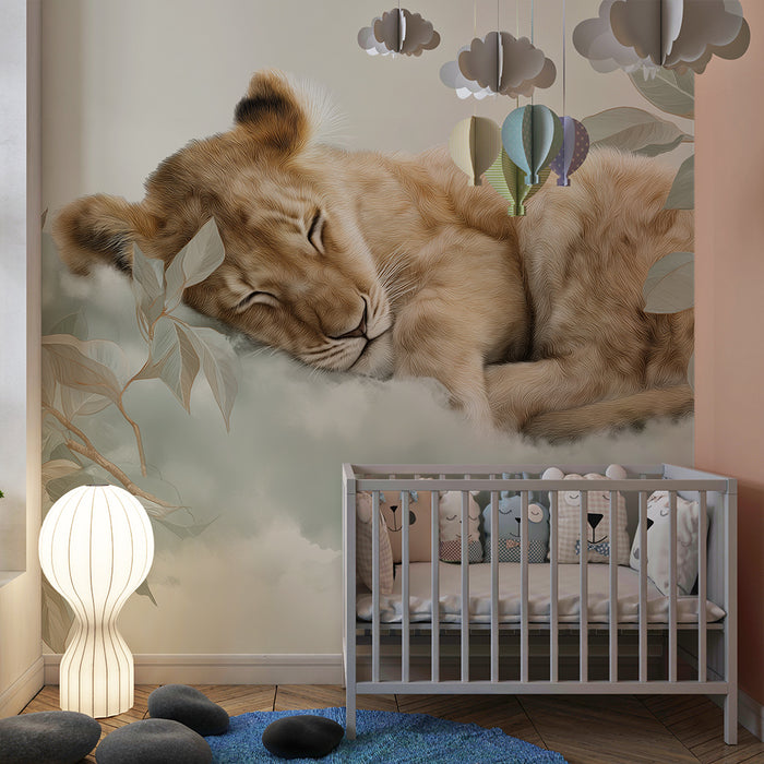 Nursery room wallpaper | Sleeping lion cub surrounded by soft foliage