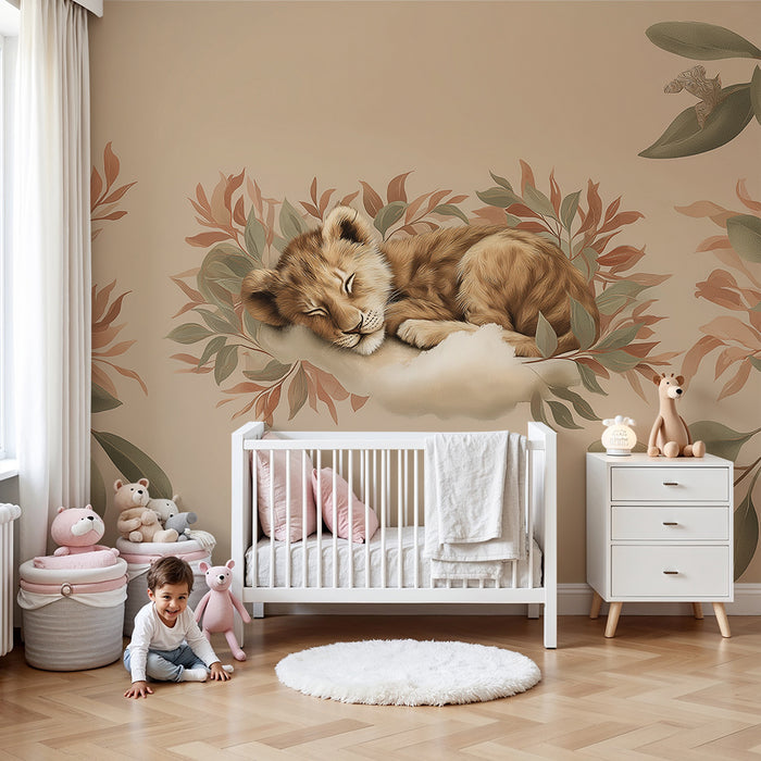 Tapéta baba szobába | Alvó oroszláncsörgő falevéllel bézs háttérrel