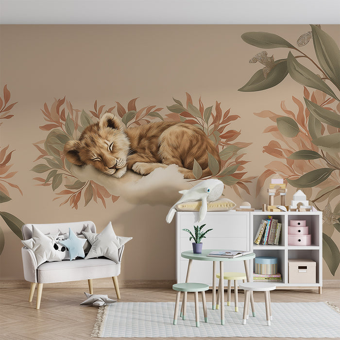 Tapéta baba szobába | Alvó oroszláncsörgő falevéllel bézs háttérrel