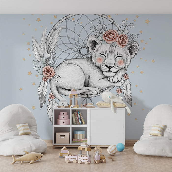Papier peint chambre bébé | Lionceau endormi et attrape-rêves