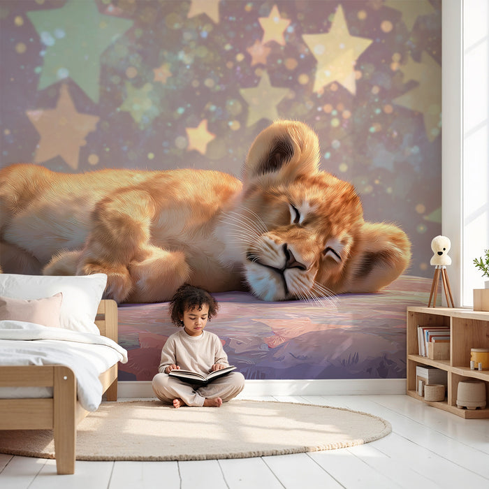 Papier de parede pre detskú izbu | Spiaci lev pod hviezdami