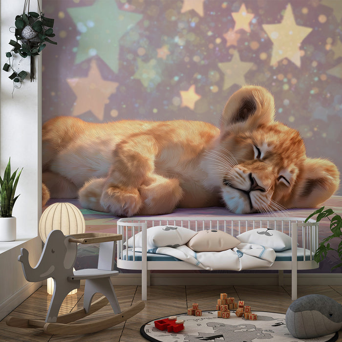 Papier de parede pre detskú izbu | Spiaci lev pod hviezdami