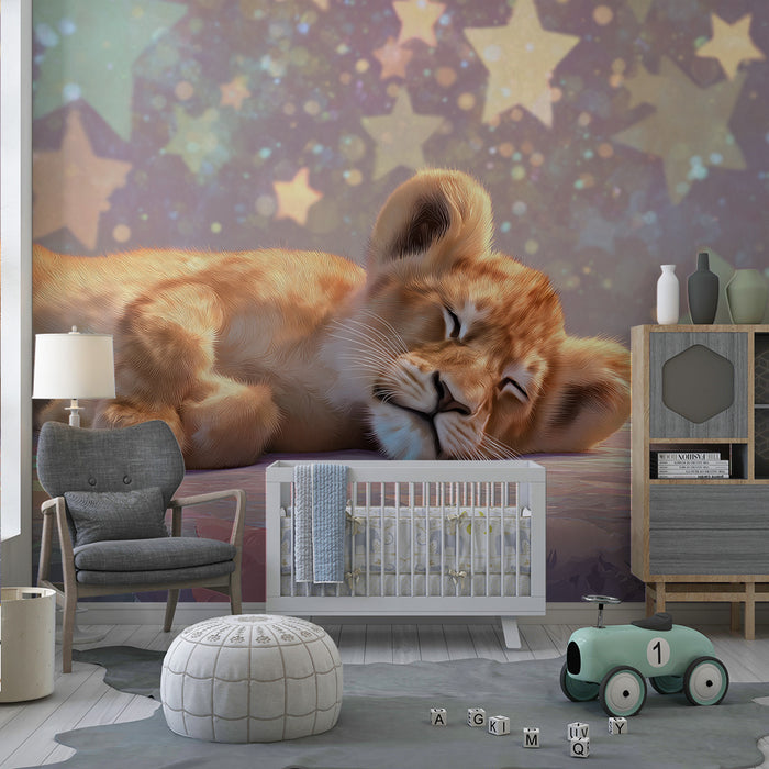 Papier de parede pre detskú izbu | Spiaci lev pod hviezdami