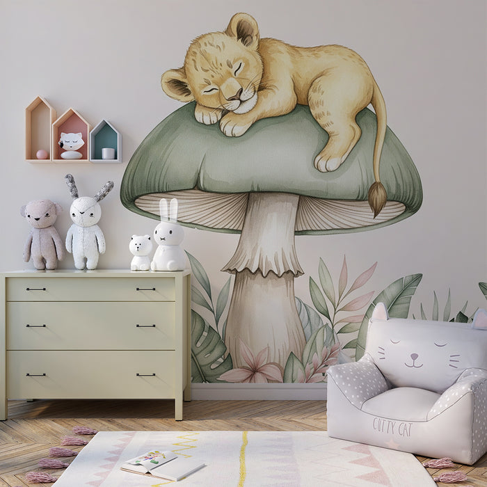 Lastenhuoneen tapetti | Nukkuva leijonanpentu sienellä