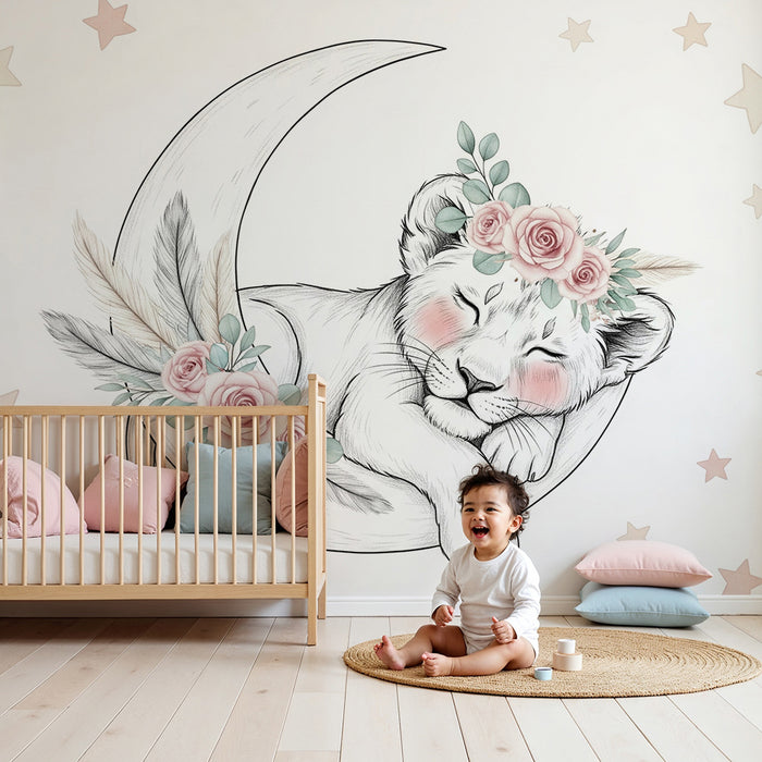 Papier peint chambre bébé | Lionceau endormi sur un croissant de lune