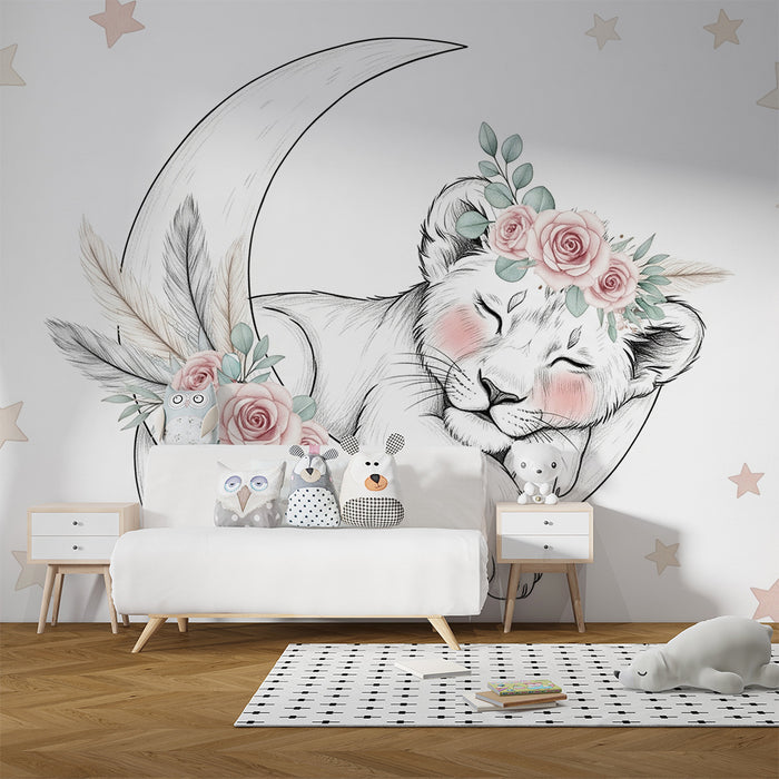 Papier peint chambre bébé | Lionceau endormi sur un croissant de lune
