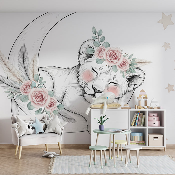 Papier peint chambre bébé | Lionceau endormi sur un croissant de lune