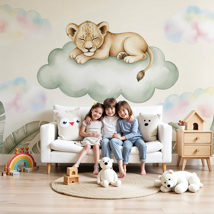 Papel de parede quarto bebê | Leãozinho adormecido numa nuvem