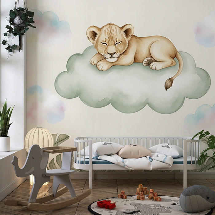 Papel de parede quarto bebê | Leãozinho adormecido numa nuvem