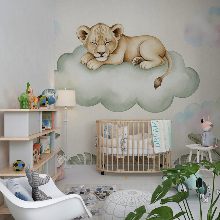Papel de parede quarto bebê | Leãozinho adormecido numa nuvem