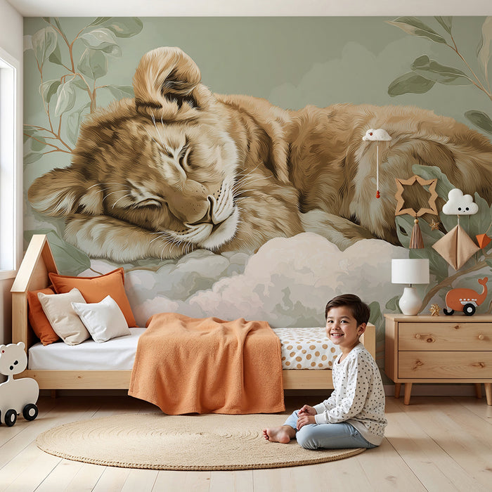 Lastenhuoneen tapetti | Nukkuva leijonanpentu pilvellä pehmeiden lehtien kanssa