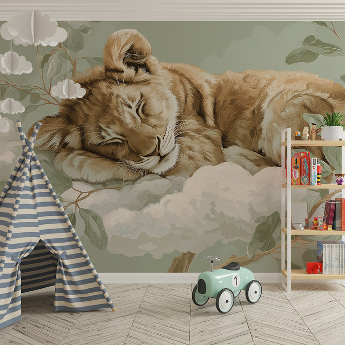 Lastenhuoneen tapetti | Nukkuva leijonanpentu pilvellä pehmeiden lehtien kanssa
