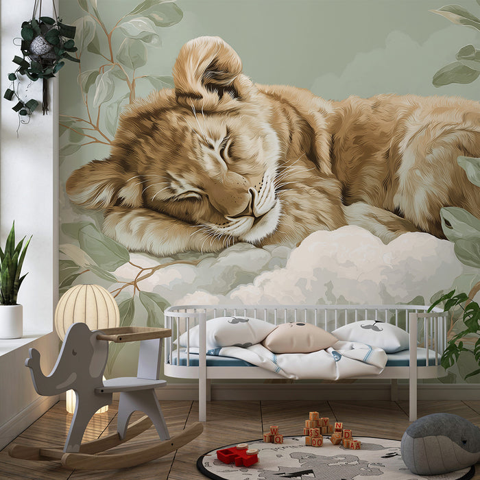 Lastenhuoneen tapetti | Nukkuva leijonanpentu pilvellä pehmeiden lehtien kanssa