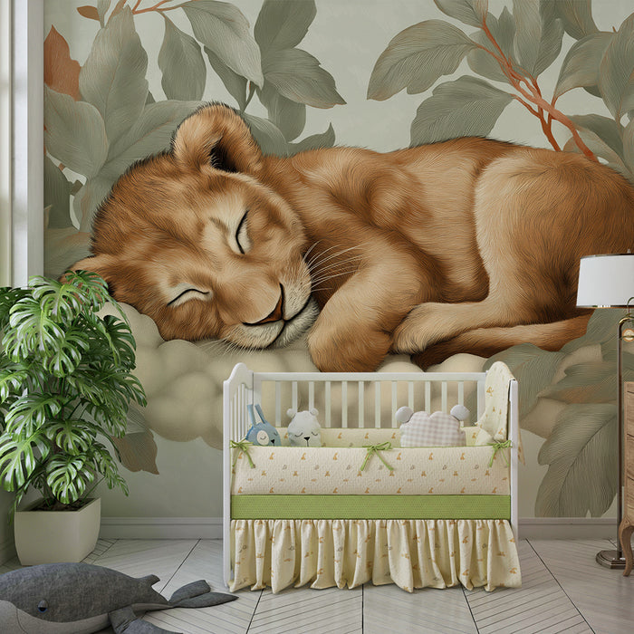 Lastenhuoneen tapetti | Nukkuva leijonanpentu pilven päällä ympäröitynä lehtien