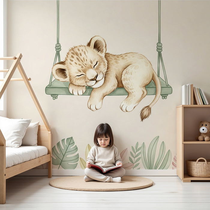 Papier peint chambre bébé | Lionceau endormi sur une balançoire