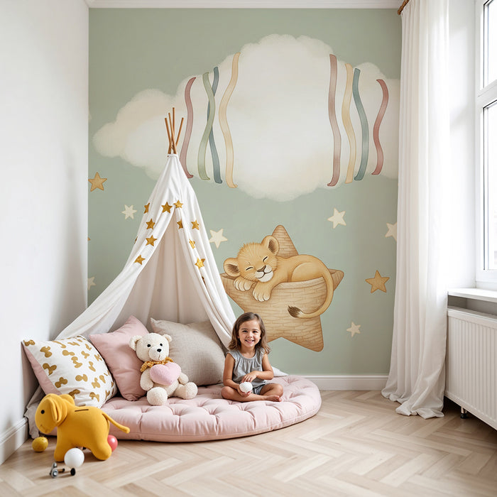 Papier peint chambre bébé | Lionceau endormi sur une étoile avec nuages doux