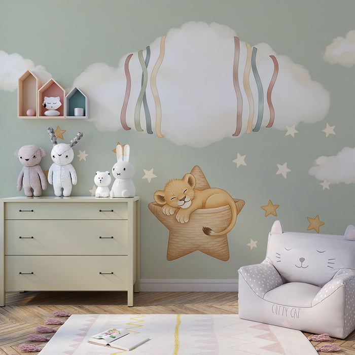Papier peint chambre bébé | Lionceau endormi sur une étoile avec nuages doux