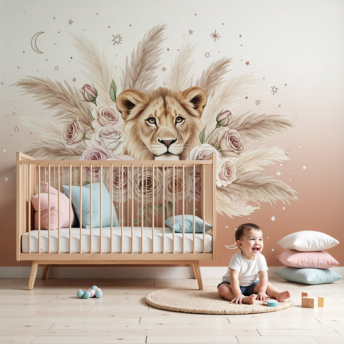 Papel de parede quarto bebê | Leão cercado por flores e estrelas