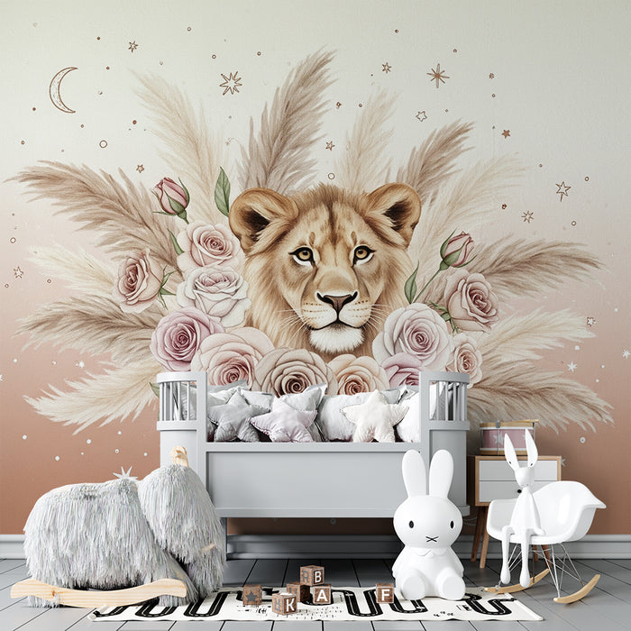 Papel de parede quarto bebê | Leão cercado por flores e estrelas