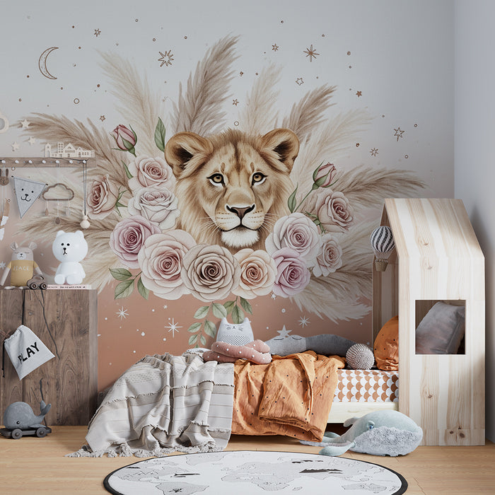 Papel de parede quarto bebê | Leão cercado por flores e estrelas