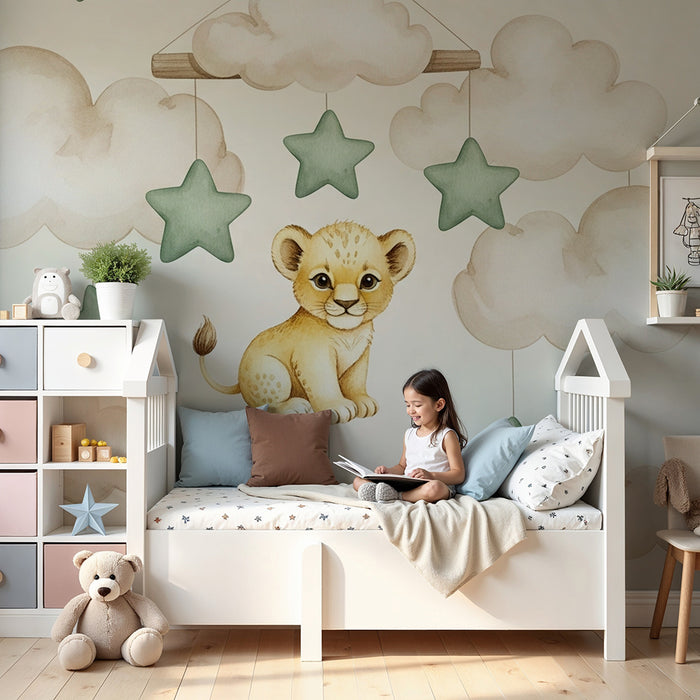 Papel pintado infantil | Cachorro de león y nubes estrelladas