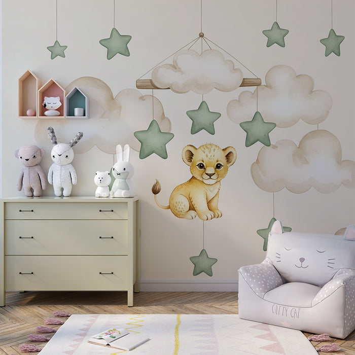 Papel pintado infantil | Cachorro de león y nubes estrelladas