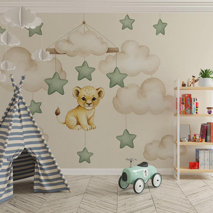 Papel pintado infantil | Cachorro de león y nubes estrelladas