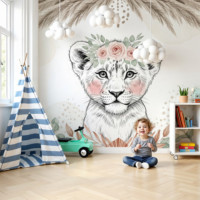 Papier peint chambre bébé | Lionceau floral et doux