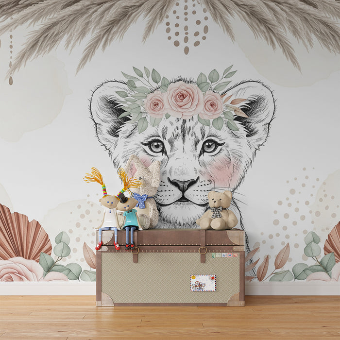 Papier peint chambre bébé | Lionceau floral et doux