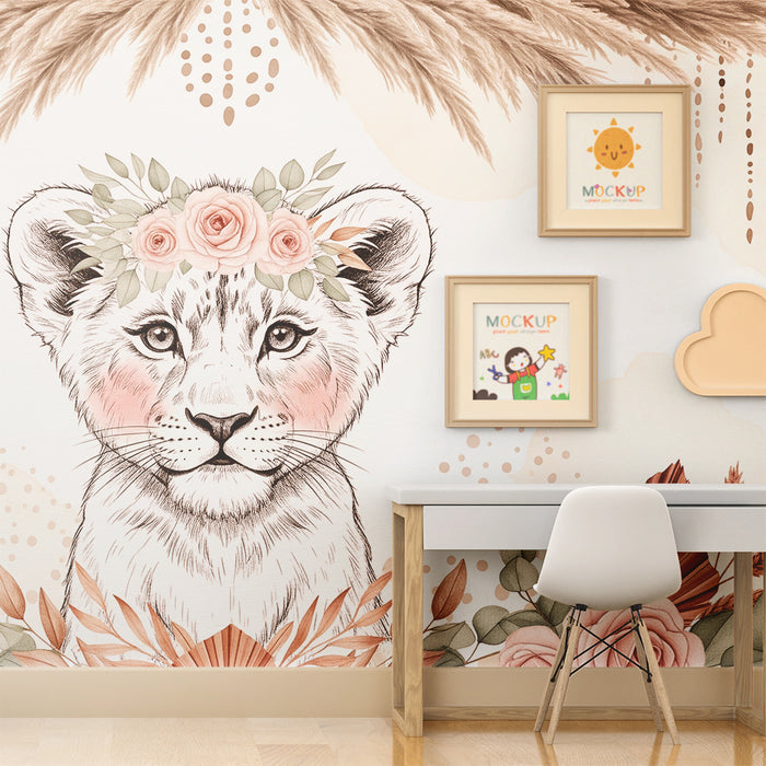 Papier peint chambre bébé | Lionceau floral et doux