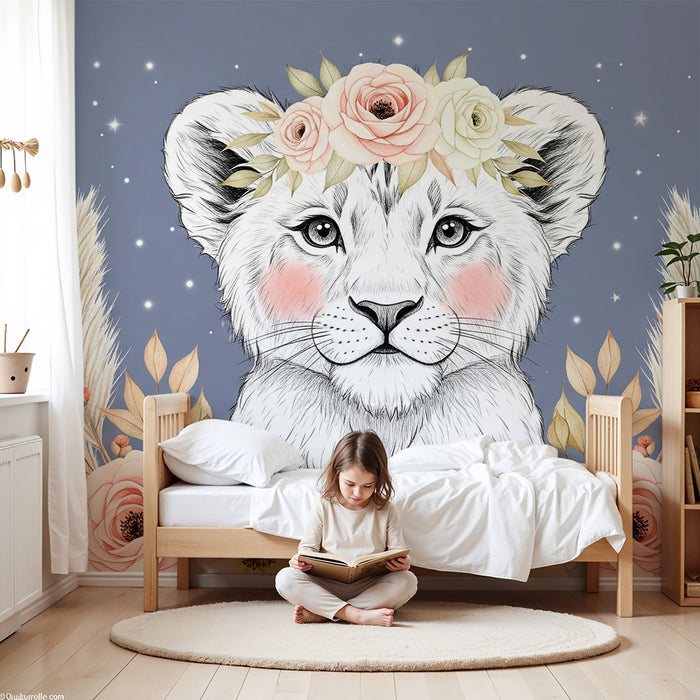 Papier peint chambre bébé | Lionceau floral et étoilé