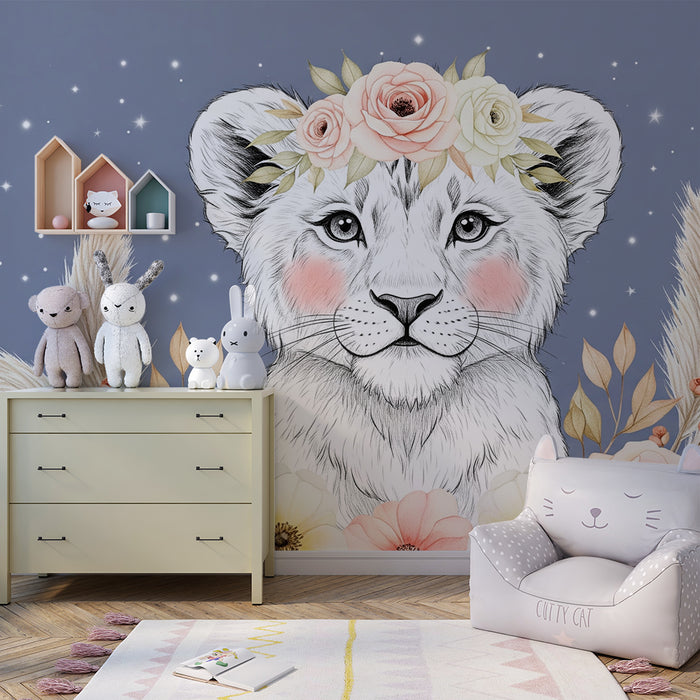 Papier peint chambre bébé | Lionceau floral et étoilé