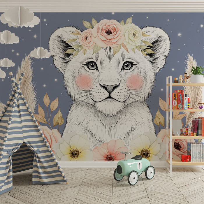 Papier peint chambre bébé | Lionceau floral et étoilé
