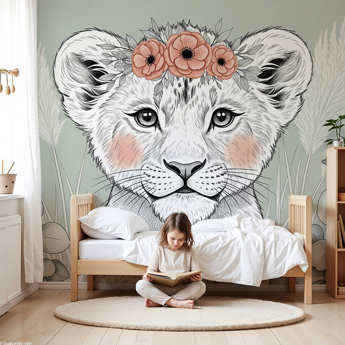 Lastenhuoneen tapetti | Kukkainen ja lempeä luonnonvarainen leijonanpentu